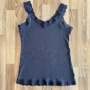 Lace Trim Ribbed Cami Tank Navy Blue Size Large Layering Coquette Y2K 90's Fairy